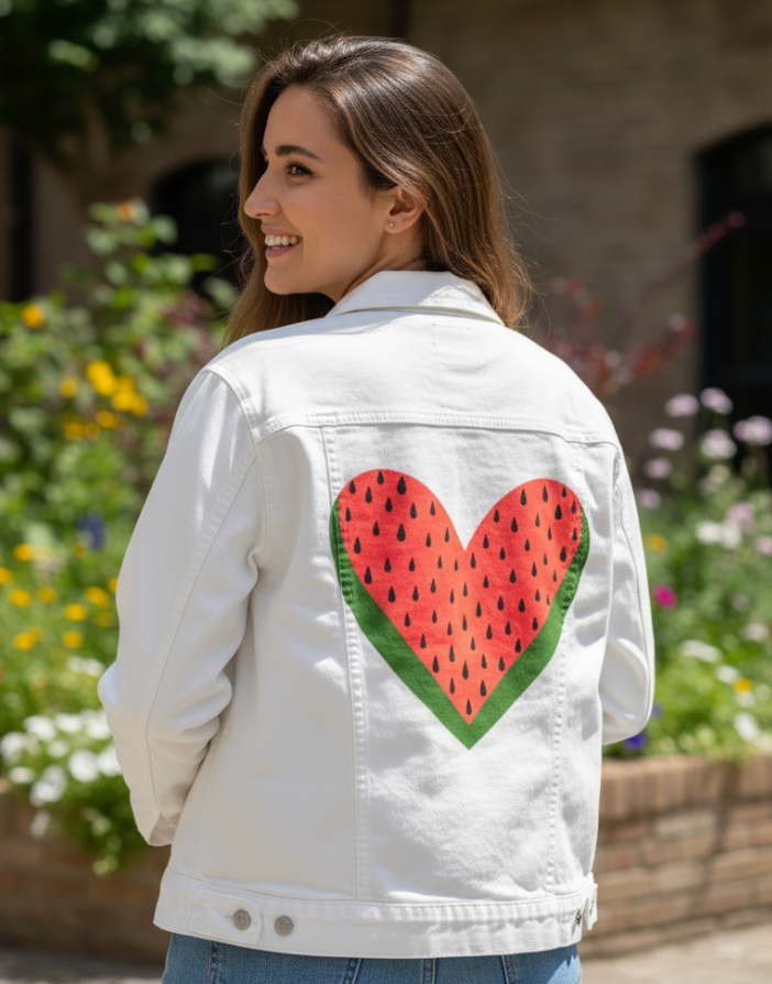 WATERMELON HEART by HEND SHEHATA, digitally printed on DENIM products: throw pillows, aprons, table place mats, and hand-made Unisex Denim Jackets in 3 color choices