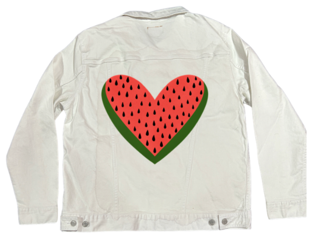 WATERMELON HEART by HEND SHEHATA, digitally printed on DENIM products: throw pillows, aprons, table place mats, and hand-made Unisex Denim Jackets in 3 color choices