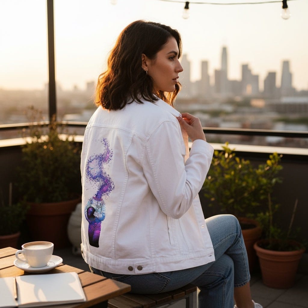 WE ARE STARDUST by TOBE FONSECA, digitally printed on DENIM products: throw pillows, aprons, table place mats, and hand-made Unisex Denim Jackets in 3 color choices WE ARE STARDUST by TOBE FONSECA, digitally printed on DENIM products: throw pillows, aprons, table place mats, and hand-made Unisex Denim Jackets in 3 color choices