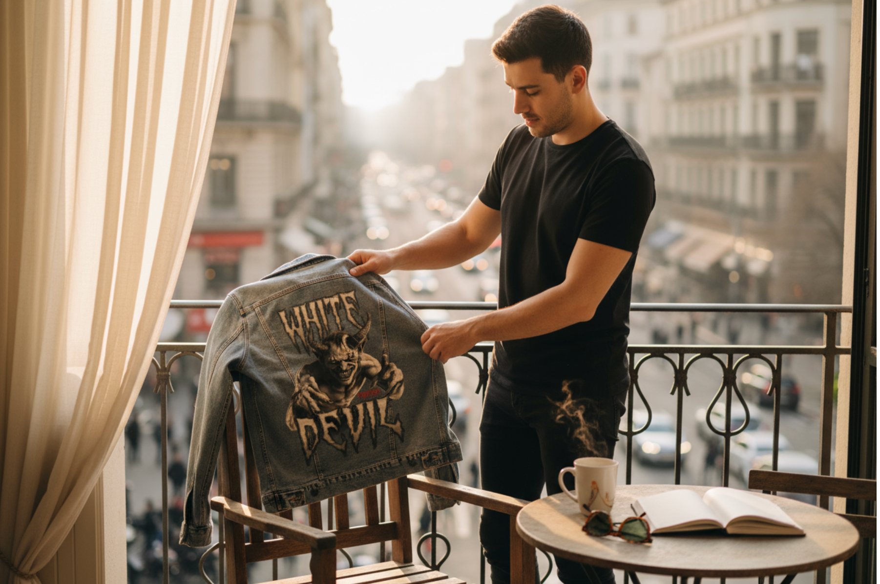 WHITE DEVIL by DeROUCHE DESIGNS, digitally printed on DENIM products: throw pillows, aprons, table place mats, and hand-made Unisex Denim Jackets in 3 color choices