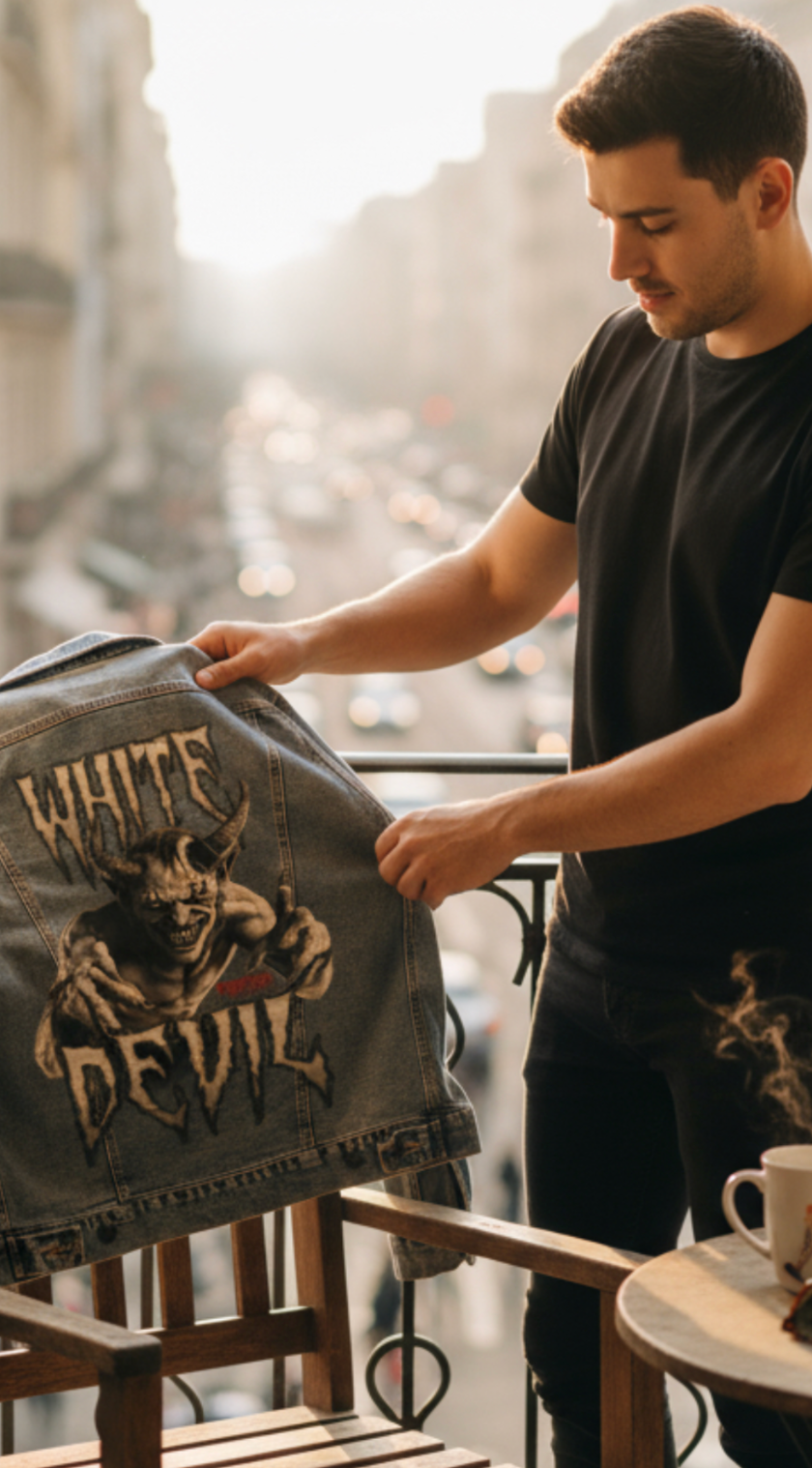 WHITE DEVIL by DeROUCHE DESIGNS, digitally printed on DENIM products: throw pillows, aprons, table place mats, and hand-made Unisex Denim Jackets in 3 color choices