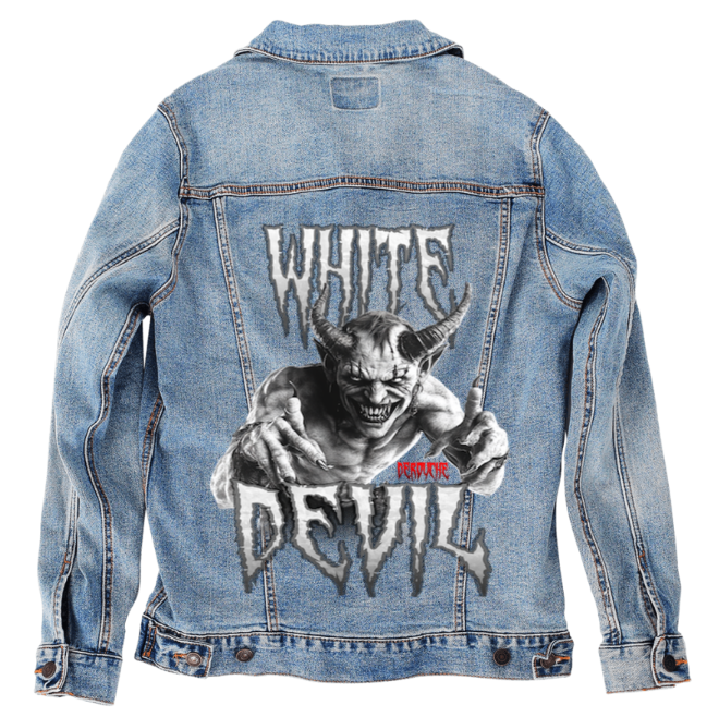 WHITE DEVIL by DeROUCHE DESIGNS, digitally printed on DENIM products: throw pillows, aprons, table place mats, and hand-made Unisex Denim Jackets in 3 color choices