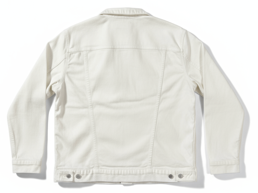 back of unsex white denim jacket that can be digitally printed by DenimINK for customization or artist-drawn artwork