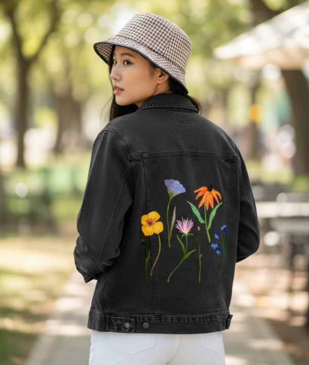 WILDFLOWERS by thearticsoul, digitally printed on DENIM products: throw pillows, aprons, table place mats, and hand-made Unisex Denim Jackets in 3 color choices