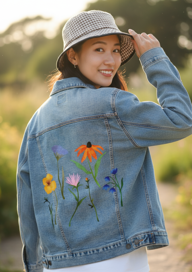 WILDFLOWERS by thearticsoul, digitally printed on DENIM products: throw pillows, aprons, table place mats, and hand-made Unisex Denim Jackets in 3 color choices