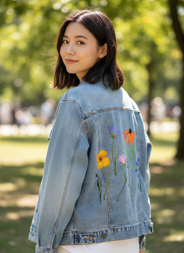 WILDFLOWERS by thearticsoul, digitally printed on DENIM products: throw pillows, aprons, table place mats, and hand-made Unisex Denim Jackets in 3 color choices