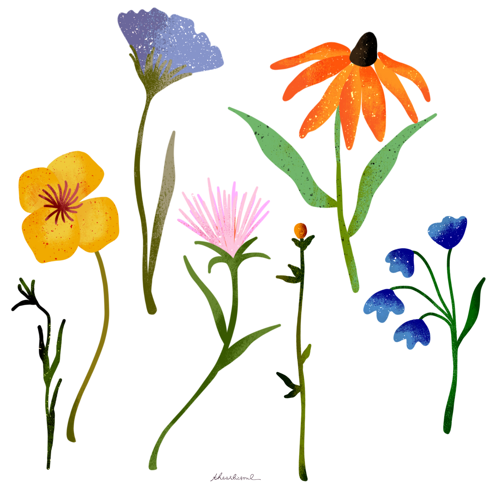 WILDFLOWERS by thearticsoul, digitally printed on DENIM products: throw pillows, aprons, table place mats, and hand-made Unisex Denim Jackets in 3 color choices