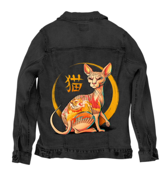 YAKUZA CAT by TOBE FONSECA, digitally printed on DENIM products: throw pillows, aprons, table place mats, and hand-made Unisex Denim Jackets in 3 color choices YAKUZA CAT by TOBE FONSECA, digitally printed on DENIM products: throw pillows, aprons, table place mats, and hand-made Unisex Denim Jackets in 3 color choices