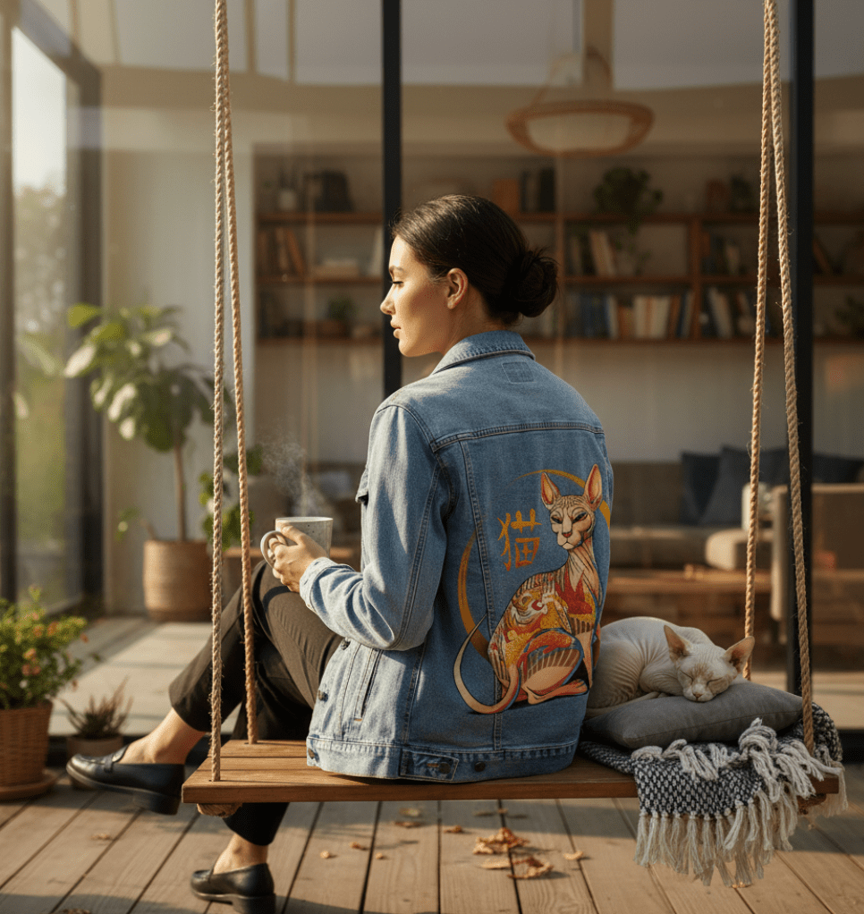 YAKUZA CAT by TOBE FONSECA, digitally printed on DENIM products: throw pillows, aprons, table place mats, and hand-made Unisex Denim Jackets in 3 color choices YAKUZA CAT by TOBE FONSECA, digitally printed on DENIM products: throw pillows, aprons, table place mats, and hand-made Unisex Denim Jackets in 3 color choices