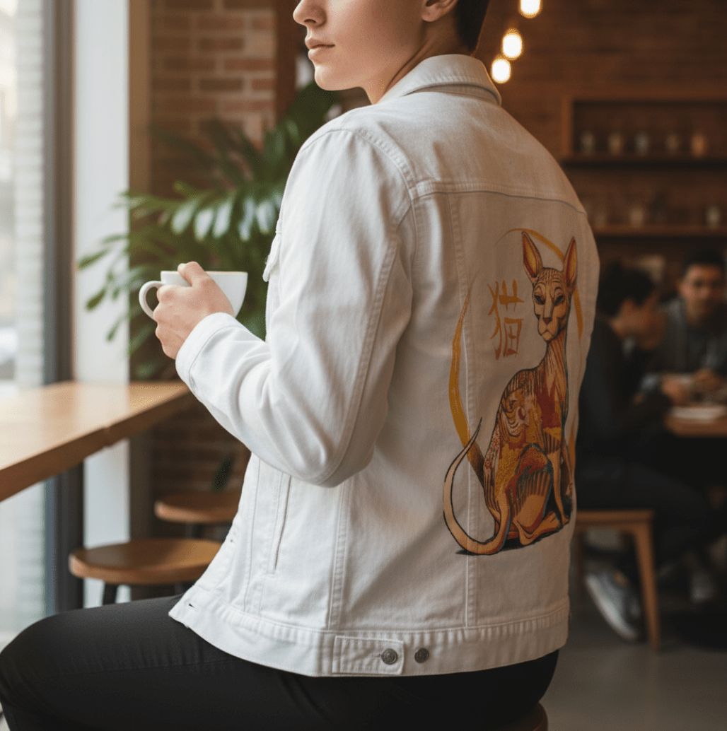 YAKUZA CAT by TOBE FONSECA, digitally printed on DENIM products: throw pillows, aprons, table place mats, and hand-made Unisex Denim Jackets in 3 color choices YAKUZA CAT by TOBE FONSECA, digitally printed on DENIM products: throw pillows, aprons, table place mats, and hand-made Unisex Denim Jackets in 3 color choices