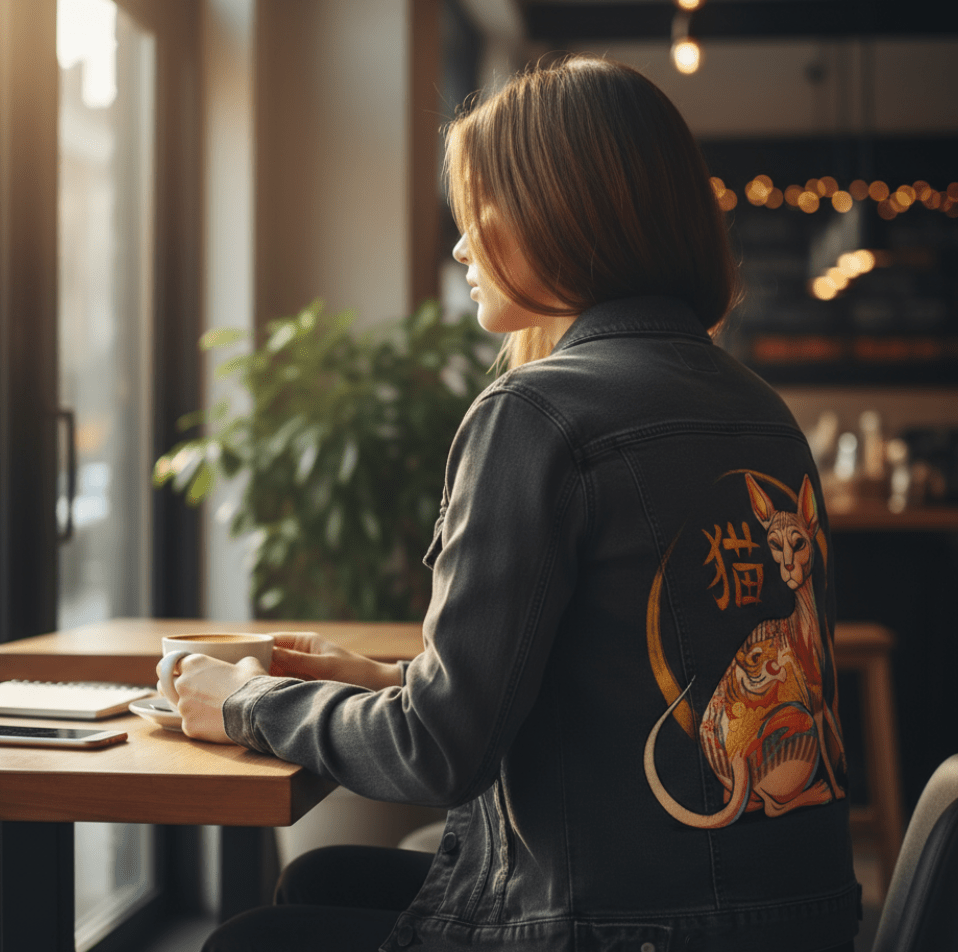 YAKUZA CAT by TOBE FONSECA, digitally printed on DENIM products: throw pillows, aprons, table place mats, and hand-made Unisex Denim Jackets in 3 color choices YAKUZA CAT by TOBE FONSECA, digitally printed on DENIM products: throw pillows, aprons, table place mats, and hand-made Unisex Denim Jackets in 3 color choices