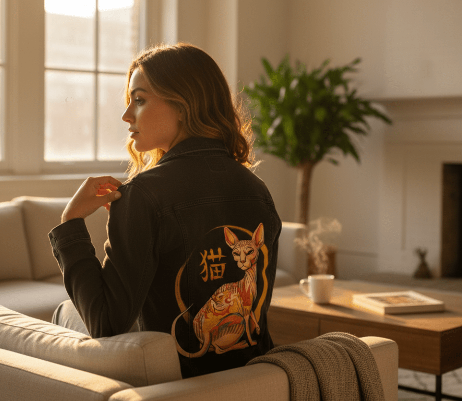 YAKUZA CAT by TOBE FONSECA, digitally printed on DENIM products: throw pillows, aprons, table place mats, and hand-made Unisex Denim Jackets in 3 color choices YAKUZA CAT by TOBE FONSECA, digitally printed on DENIM products: throw pillows, aprons, table place mats, and hand-made Unisex Denim Jackets in 3 color choices