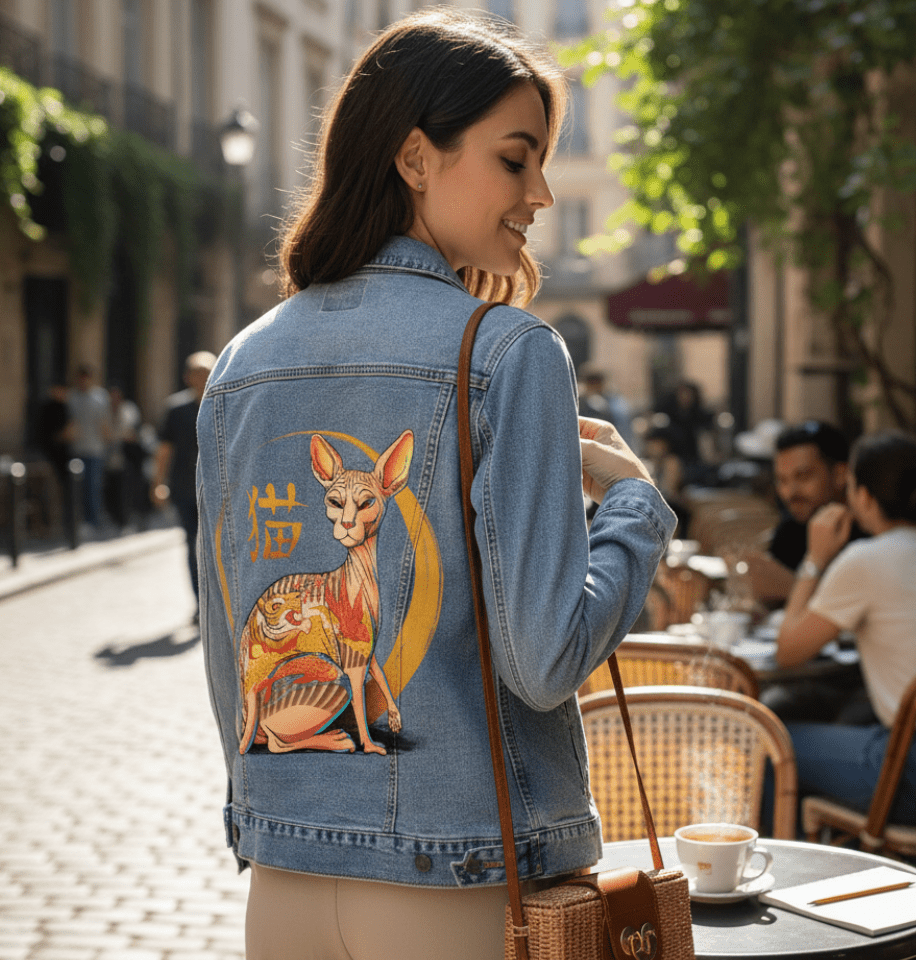 YAKUZA CAT by TOBE FONSECA, digitally printed on DENIM products: throw pillows, aprons, table place mats, and hand-made Unisex Denim Jackets in 3 color choices YAKUZA CAT by TOBE FONSECA, digitally printed on DENIM products: throw pillows, aprons, table place mats, and hand-made Unisex Denim Jackets in 3 color choices