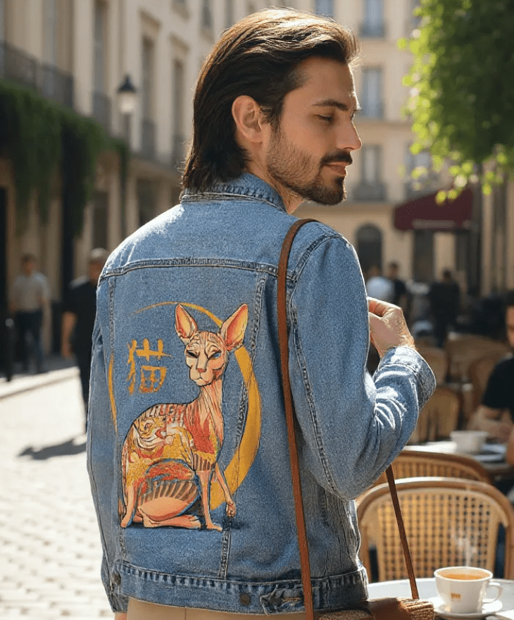 YAKUZA CAT by TOBE FONSECA, digitally printed on DENIM products: throw pillows, aprons, table place mats, and hand-made Unisex Denim Jackets in 3 color choices YAKUZA CAT by TOBE FONSECA, digitally printed on DENIM products: throw pillows, aprons, table place mats, and hand-made Unisex Denim Jackets in 3 color choices