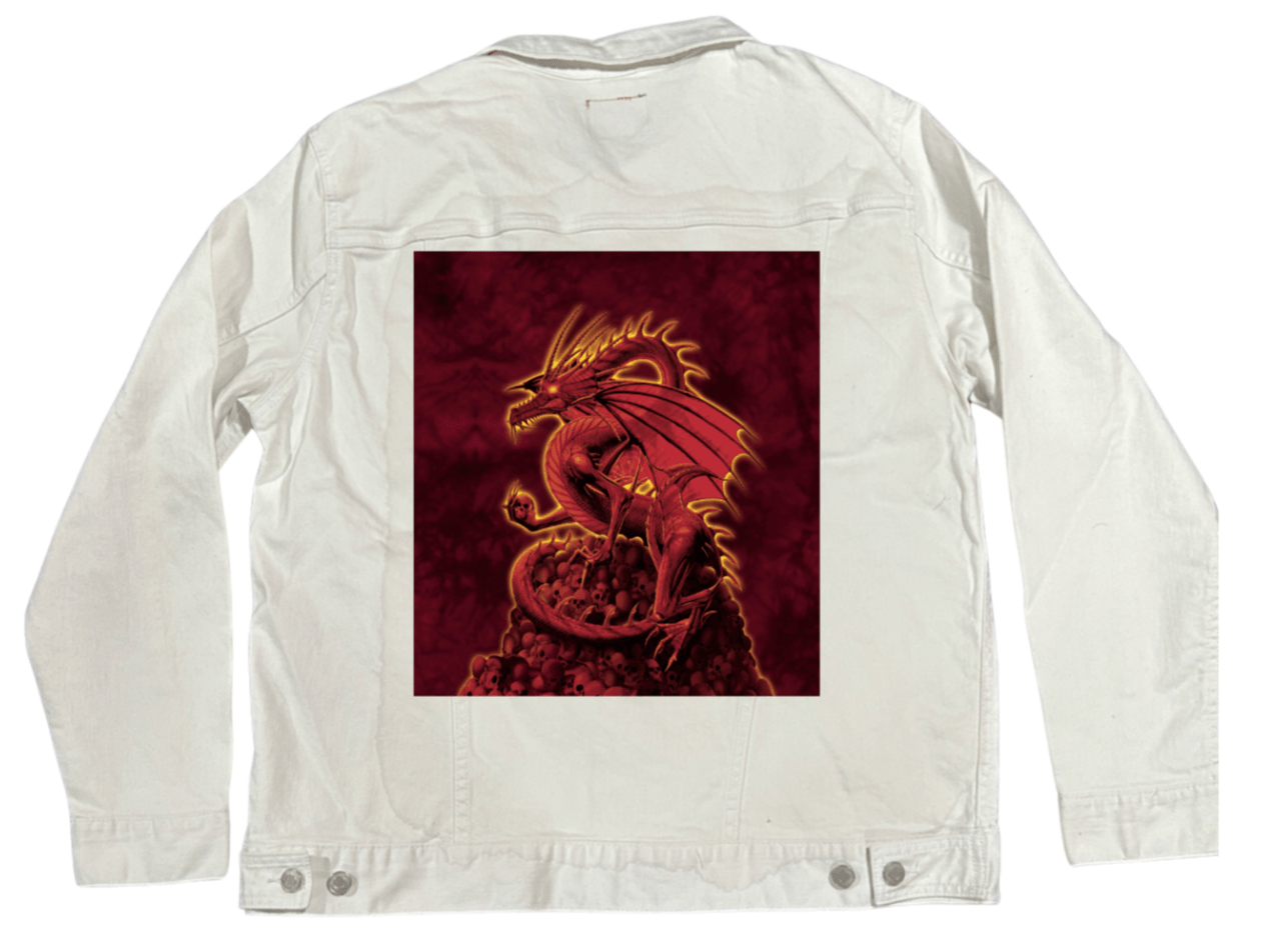 ABOLISHER RED by VINCENT HIE, printed on denim jackets and other denim products: tote bags, throw pillows, table place mats, aprons