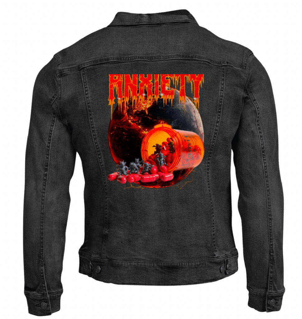 ANXIETY by DeROUCHE DESIGNS custom denim jacket by DenimINK