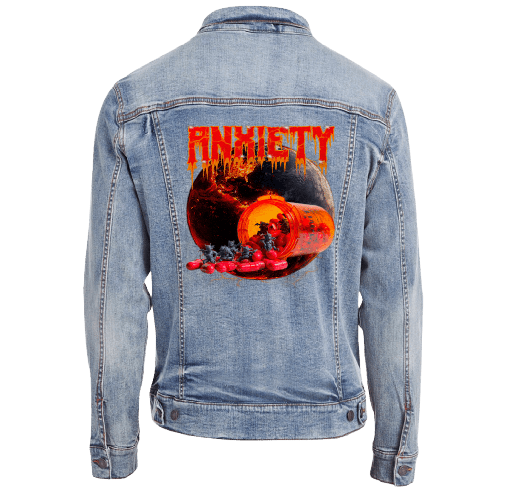 ANXIETY by DeROUCHE DESIGNS custom denim jacket by DenimINK