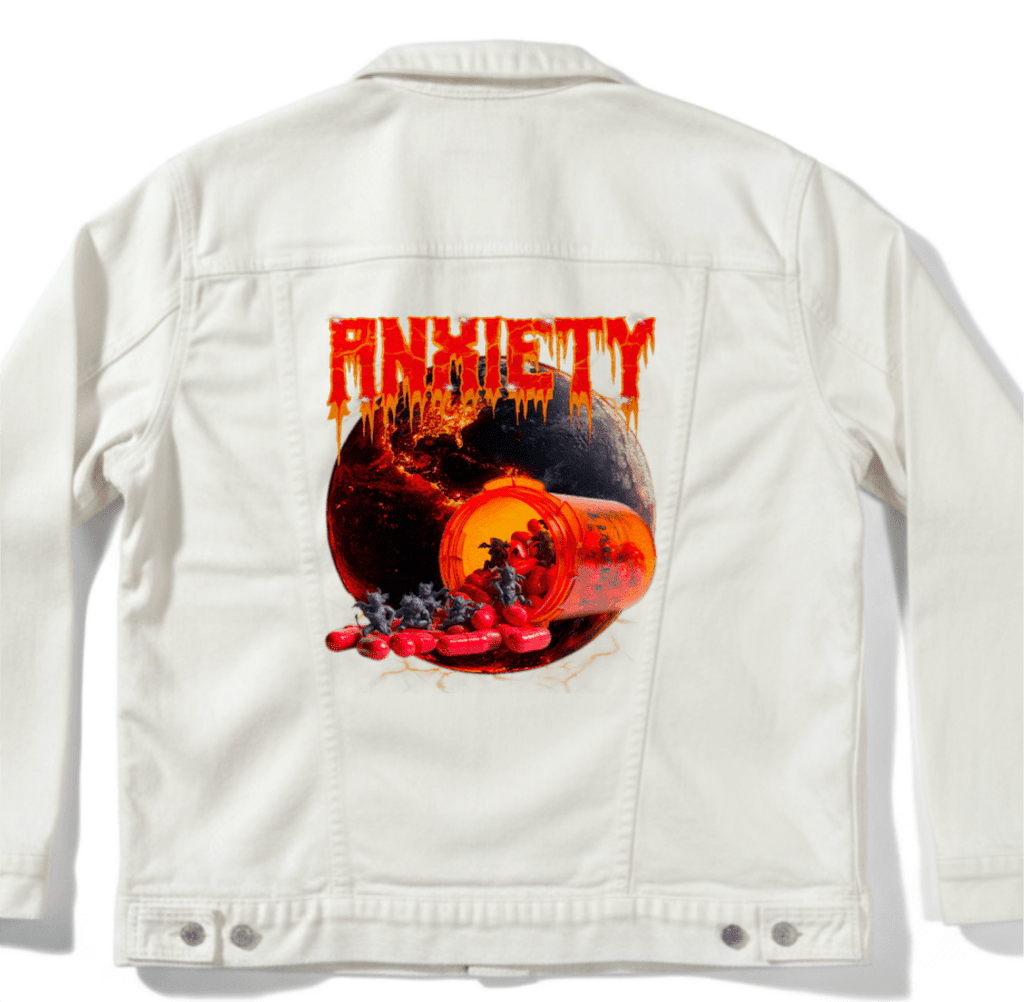 ANXIETY by DeROUCHE DESIGNS custom denim jacket by DenimINK