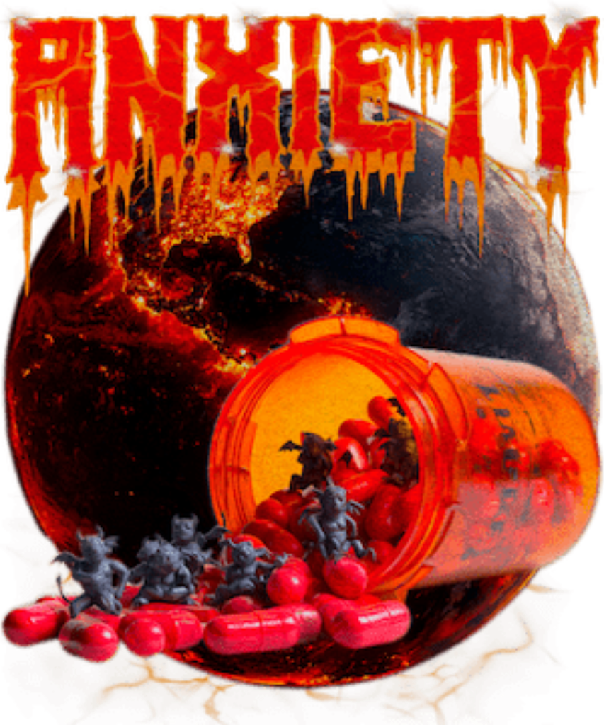 Digital illustration titled “Anxiety” by DeRouche Designs. The composition features a cracked, lava-glowing planet in the background and a translucent orange prescription pill bottle spilling out blood-red capsules. Tiny dark creatures with twisted, horned forms emerge from the capsules, crawling over the surface and each other. Above the scene, the word “ANXIETY” appears in bold, red, horror-drip style lettering with charred, molten textures. The visual tone is intense and chaotic, blending dark humor, sur
