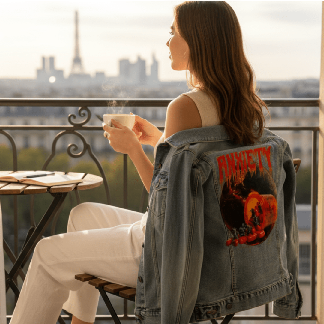 side view of a model seated on a balcony near a café table, sipping coffee while a stonewash denim jacket is draped around their shoulders. the Eiffel Tower is visible in the distant background. the jacket features the artwork “Anxiety” by DeRouche Designs, showing a tipped orange prescription bottle pouring red pills and devil figures in front of a scorched planet with fiery cracks. the word “Anxiety” appears above in distorted, melting red text. the artwork “Anxiety” by DeRouche Designs is digitally print