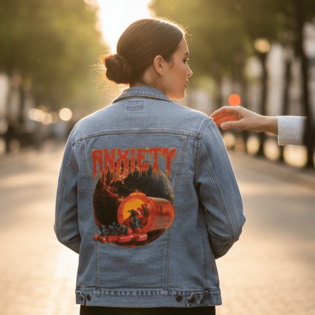 back view of a model walking down a sunlit city street wearing a stonewash denim jacket featuring the artwork “Anxiety” by DeRouche Designs. the printed design shows a prescription pill bottle spilling red capsules and small devil figures in front of a fiery planet engulfed in darkness. the artwork “Anxiety” by DeRouche Designs is digitally printed on the jacket’s back panel by DenimINK.