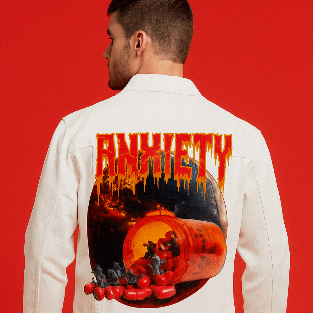back view of a model standing against a bold red wall, wearing a white denim jacket featuring the artwork “Anxiety” by DeRouche Designs. the image shows a glowing orange pill bottle knocked over in front of a cracked black planet, releasing red capsules and tiny devil-like creatures. the word “Anxiety” burns above in distorted, melting red lettering. the artwork “Anxiety” by DeRouche Designs is digitally printed on the jacket’s back panel by DenimINK.