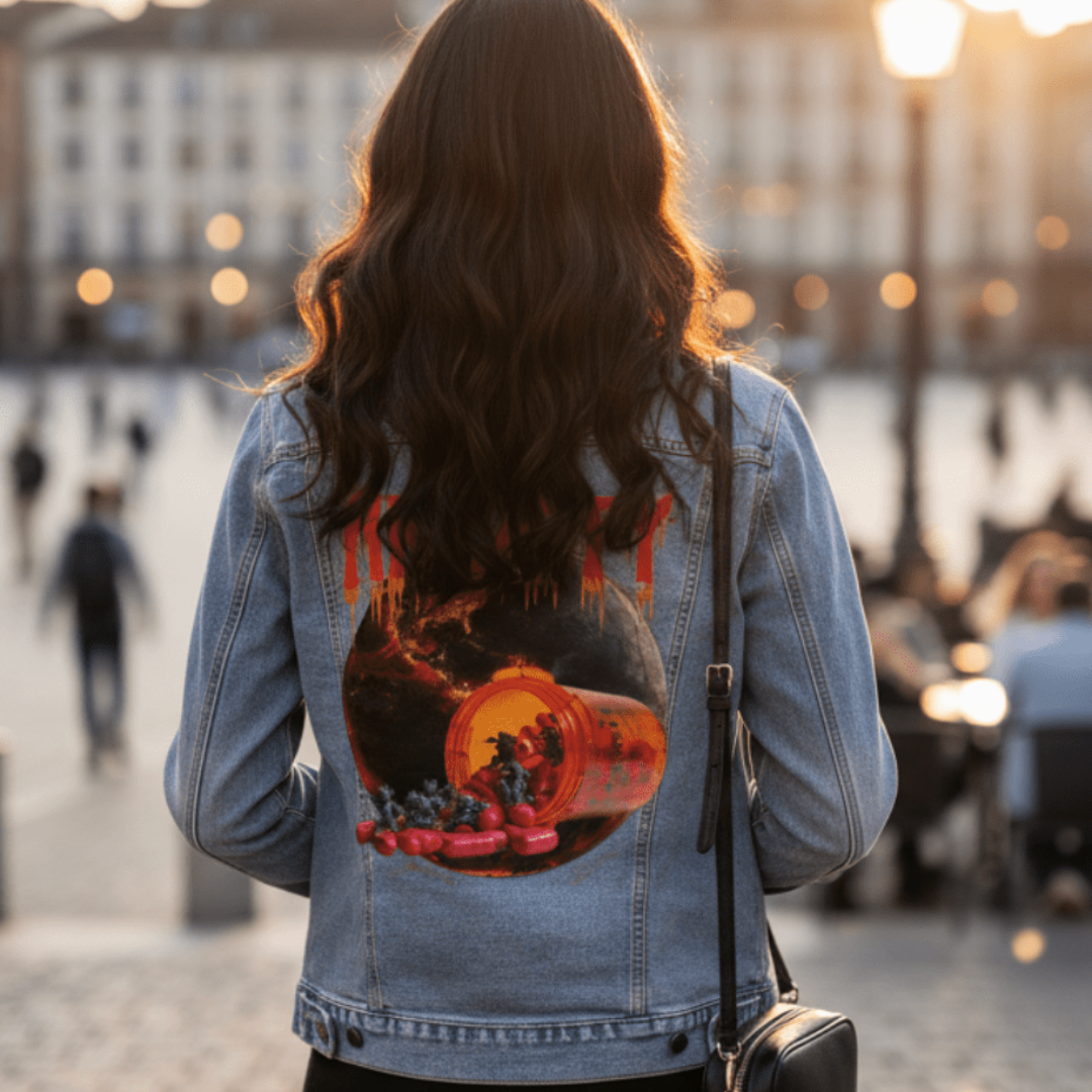 back view of a model walking through a public square at sunset, wearing a stonewash denim jacket featuring the artwork “Anxiety” by DeRouche Designs. the jacket displays an image of a red-orange pill bottle spilling capsules and miniature devil creatures in front of a planet wrapped in dark, fiery textures. the word “Anxiety” drips overhead in jagged red letters. the artwork “Anxiety” by DeRouche Designs is digitally printed on the jacket’s back panel by DenimINK.