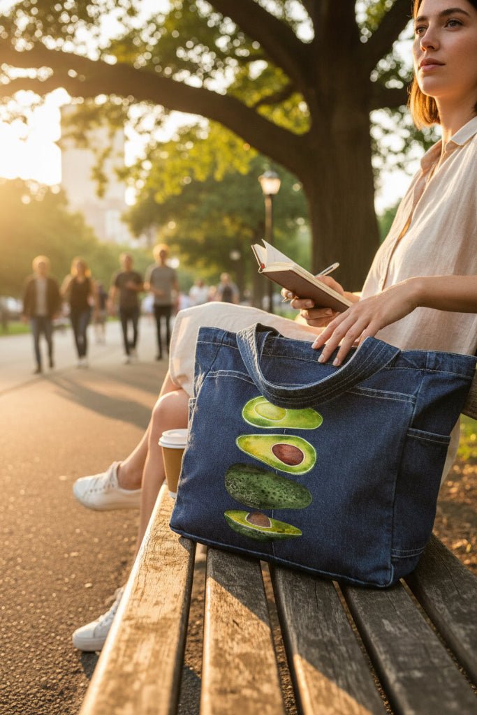 Woman reading a book with a blue tote bag featuring avocado designs on a park bench.
avocado-slices-by-CatCoq-denim-tote-bag-lifestyle-shot-