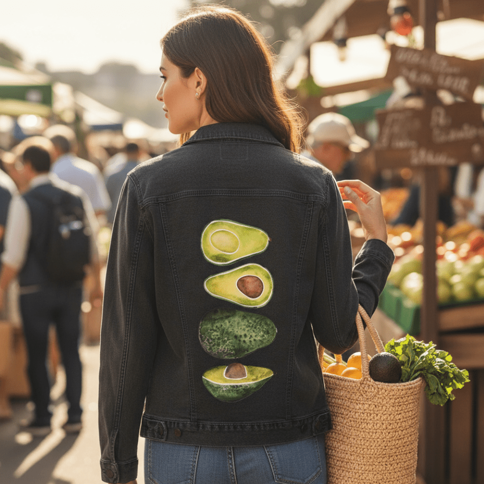 three-quarter rear view of a model browsing a bustling outdoor farmers market during golden hour, wearing a black denim jacket featuring the artwork “Avocado Slices” by CatCoq. the avocado design appears vertically on the back panel in green and brown watercolor. the model carries a woven straw produce bag filled with leafy greens, oranges, and a ripe avocado. blurred shoppers and colorful produce stands fill the background, bathed in warm late-afternoon sunlight.