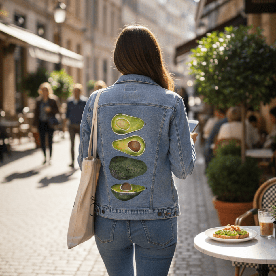 rear view of a model walking along a sunlit cobblestone street in a historic city setting, wearing a light stonewashed denim jacket printed with the artwork “Avocado Slices” by CatCoq. the artwork features four vertically stacked avocado pieces in green and brown watercolor tones, digitally printed on the jacket’s back panel. the model holds a smartphone in one hand and carries a canvas tote bag over one shoulder. they wear matching light-wash denim jeans. the café-lined street is populated wi