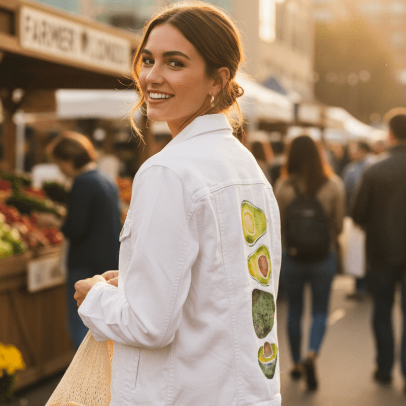 three-quarter rear view of a model smiling over their shoulder while walking through an open-air farmers market at golden hour. they wear a white denim jacket printed with the “Avocado Slices” artwork by CatCoq on the back panel. the watercolor design of four vertically stacked avocado forms contrasts sharply against the bright white fabric. the model holds a mesh produce bag filled with fresh avocados and citrus. Market stalls and other shoppers blur into the background under warm evening sunlight