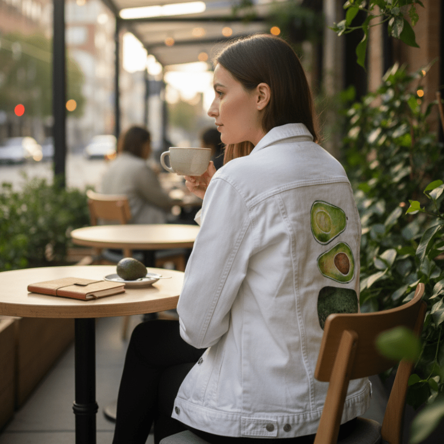three-quarter view of a model seated at an outdoor café on a city street, holding a ceramic mug in both hands while wearing a white denim jacket. printed on the back panel is the artwork “Avocado Slices” by CatCoq, showing four avocado shapes in vibrant green and brown tones. the model faces left, surrounded by potted plants, with blurred passersby and a warm-toned building visible across the street. a leather notebook and whole avocado rest on the wooden café table, completing a calm, cozy afternoon scene.