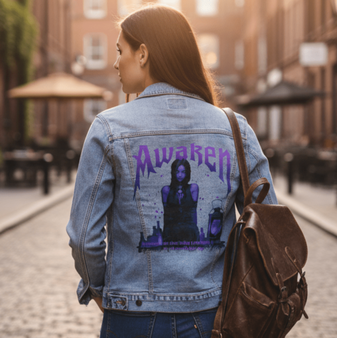 back view of a model walking down a cobblestone street with a backpack, wearing a stonewashed denim jacket featuring the artwork “Awaken” by DeRouche Designs. the gothic illustration shows a seated figure in violet tones, surrounded by glowing potion bottles and a lantern, under jagged purple text spelling “Awaken.” the artwork is digitally printed on the jacket’s back panel by DenimINK.