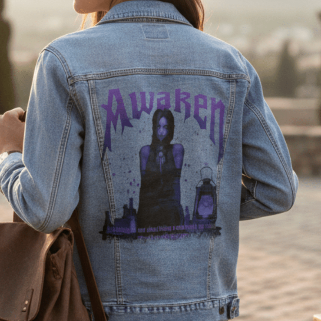 back view of a model standing on a stone plaza or rooftop terrace at golden hour, wearing a stonewashed denim jacket featuring the artwork “Awaken” by DeRouche Designs. the artwork displays a violet-toned gothic figure seated among glowing potion bottles and a lantern, beneath stylized purple lettering that reads “Awaken.” the artwork is digitally printed on the jacket’s back panel by DenimINK.