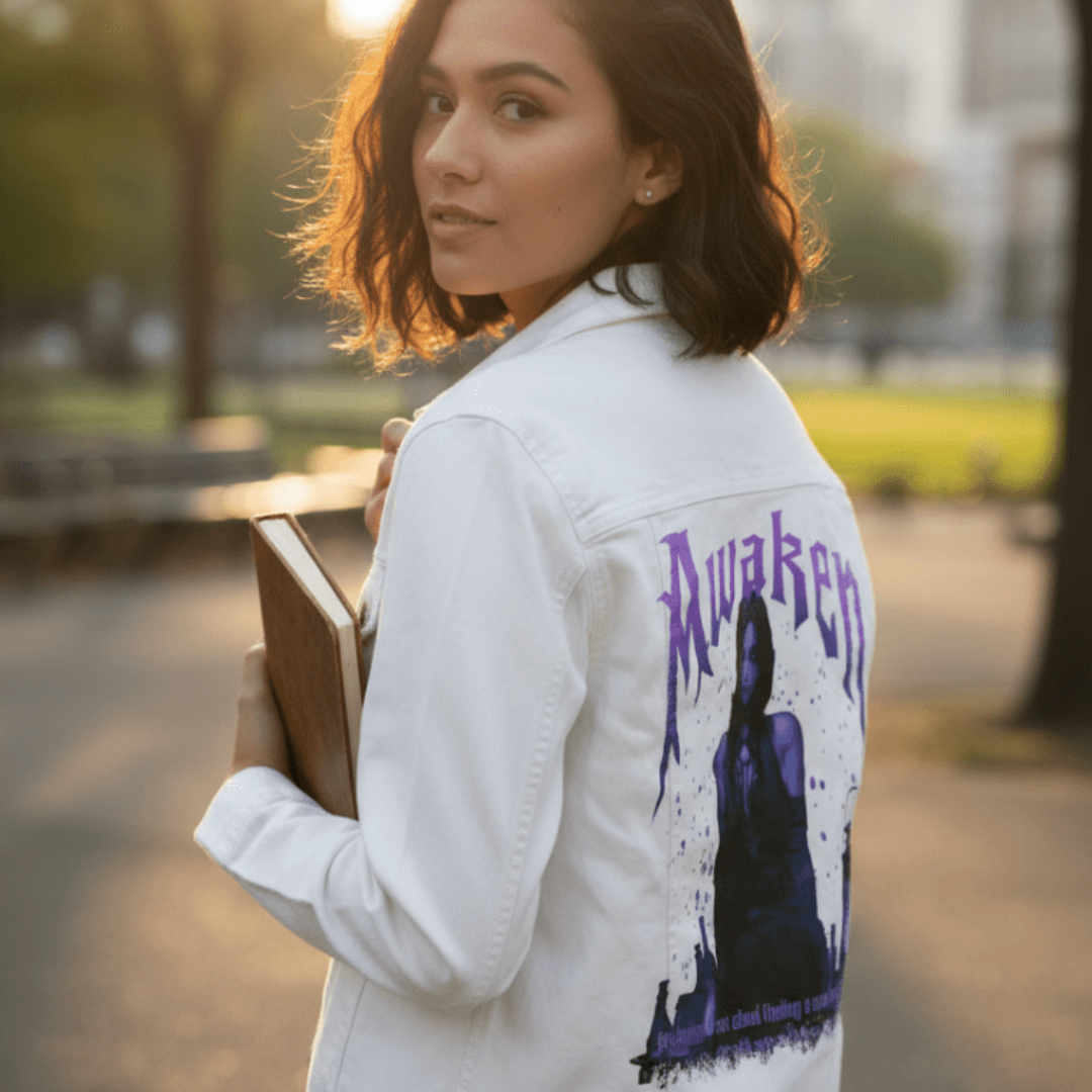three-quarter rear view of a model walking in a park near sunset, holding a closed book and wearing a white denim jacket. the artwork “Awaken” by DeRouche Designs is printed on the jacket’s back panel, featuring a violet-toned gothic figure seated among potion bottles and a lantern, with the word “Awaken” above in jagged purple lettering. the artwork is digitally printed by DenimINK.