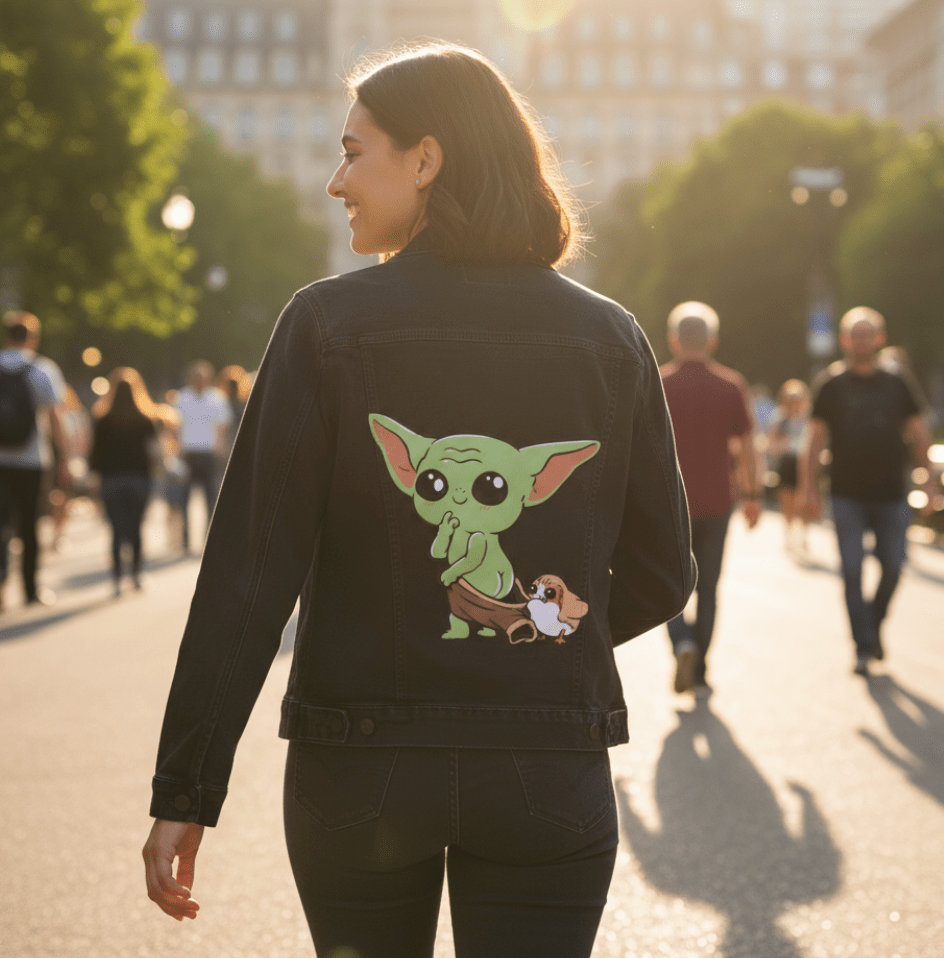 BABY YODA and PORG by PEPE RODRIGUEZ aka PPMID, digitally printed on DENIM products: throw pillows, aprons, table place mats, and hand-crafted Unisex Denim Jackets in 3 color choices