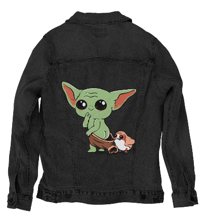 BABY YODA and PORG by PEPE RODRIGUEZ aka PPMID, digitally printed on DENIM products: throw pillows, aprons, table place mats, and hand-crafted Unisex Denim Jackets in 3 color choices