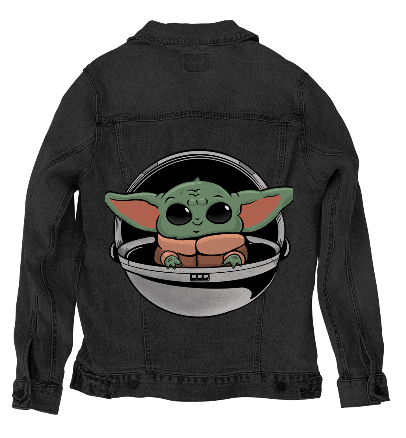 BABY YODA by PEPE RODRIGUEZ aka PPMID, digitally printed on DENIM products: throw pillows, aprons, table place mats, and hand-made Unisex Denim Jackets in 3 color choices BABY YODA by PEPE RODRIGUEZ aka PPMID, digitally printed on DENIM products: throw pillows, aprons, table place mats, and hand-made Unisex Denim Jackets in 3 color choices