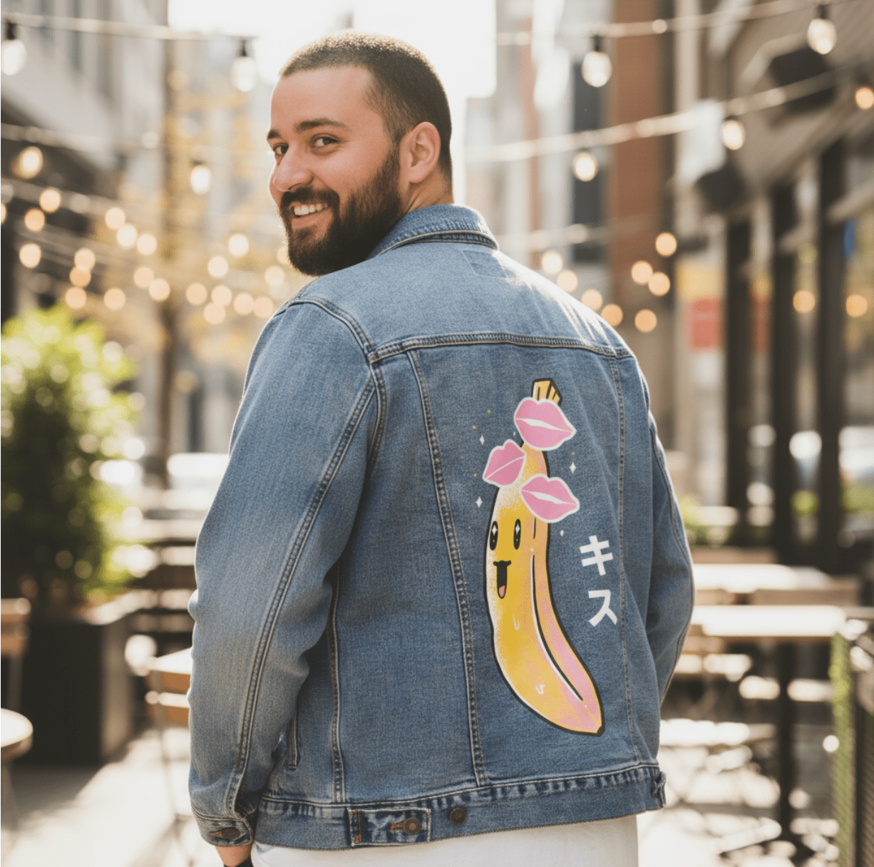 BANANA KISSES by TOBE FONSECA, digitally printed on DENIM products: throw pillows, aprons, table place mats, and hand-crafted Unisex Denim Jackets in 3 color choices