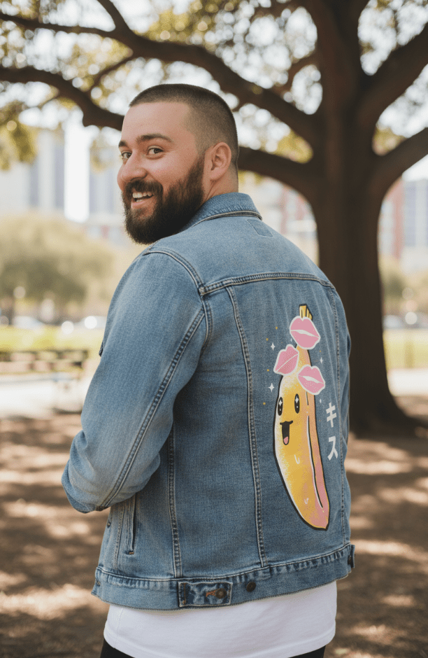 BANANA KISSES by TOBE FONSECA, digitally printed on DENIM products: throw pillows, aprons, table place mats, and hand-crafted Unisex Denim Jackets in 3 color choices