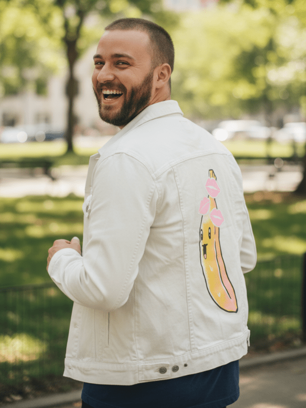 BANANA KISSES by TOBE FONSECA, digitally printed on DENIM products: throw pillows, aprons, table place mats, and hand-crafted Unisex Denim Jackets in 3 color choices