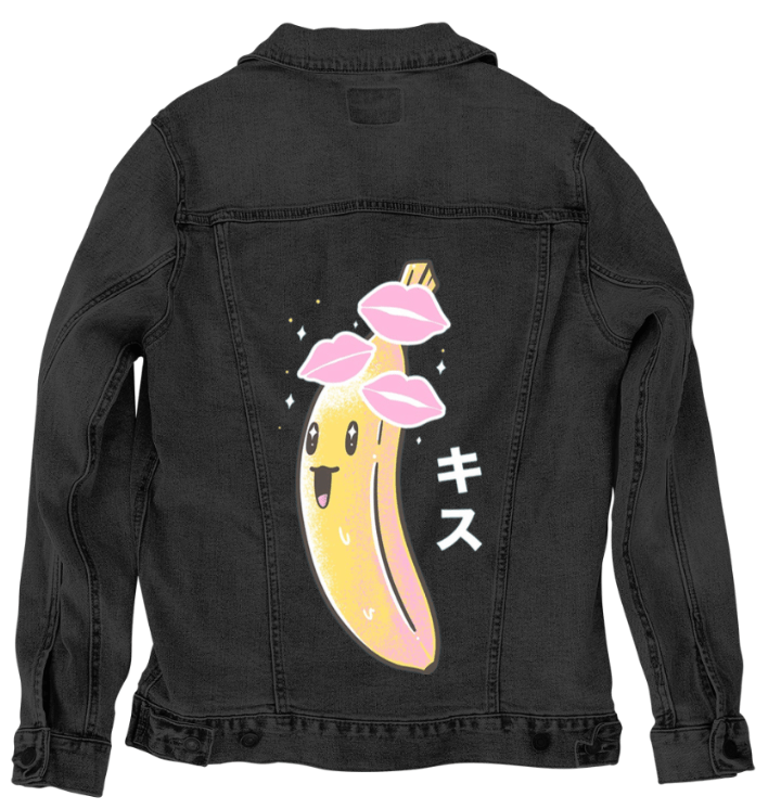 BANANA KISSES by TOBE FONSECA, digitally printed on DENIM products: throw pillows, aprons, table place mats, and hand-crafted Unisex Denim Jackets in 3 color choices