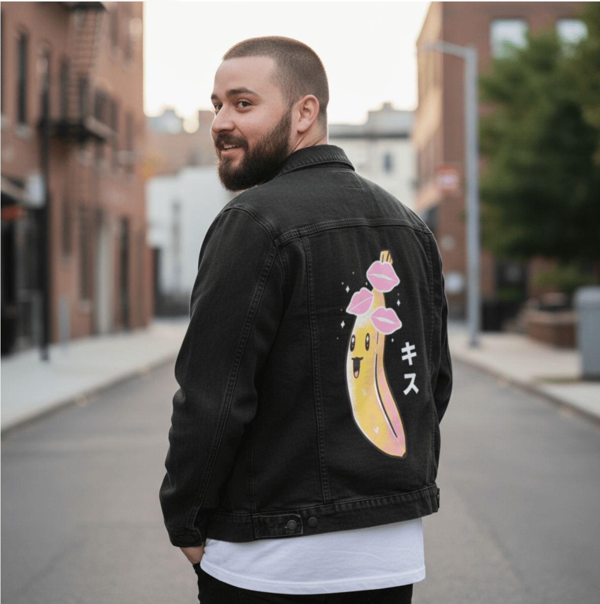 BANANA KISSES by TOBE FONSECA, digitally printed on DENIM products: throw pillows, aprons, table place mats, and hand-crafted Unisex Denim Jackets in 3 color choices