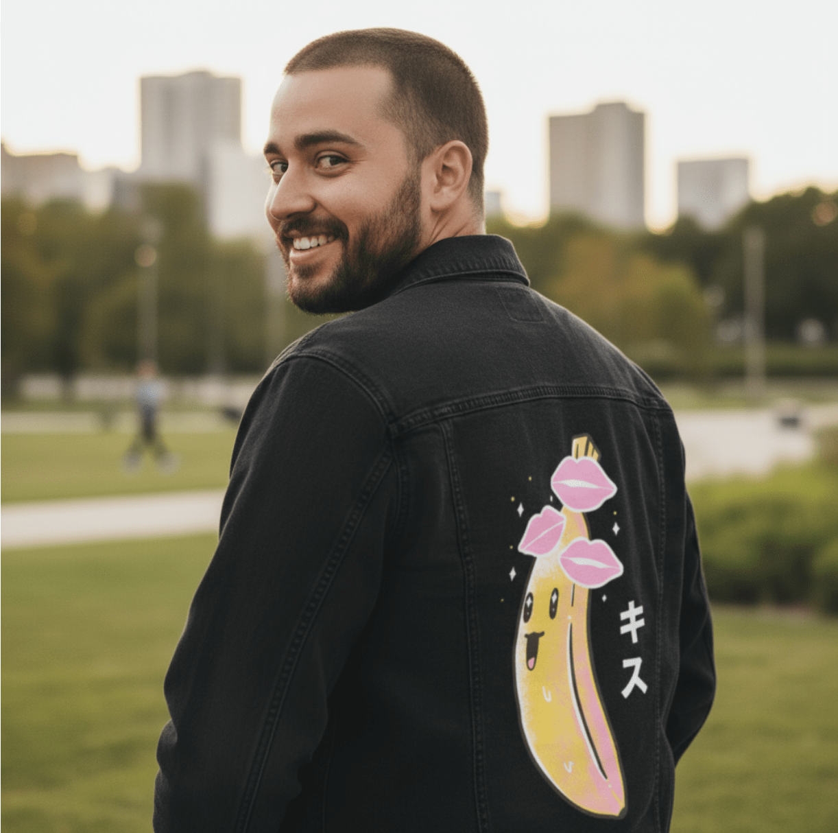 BANANA KISSES by TOBE FONSECA, digitally printed on DENIM products: throw pillows, aprons, table place mats, and hand-crafted Unisex Denim Jackets in 3 color choices