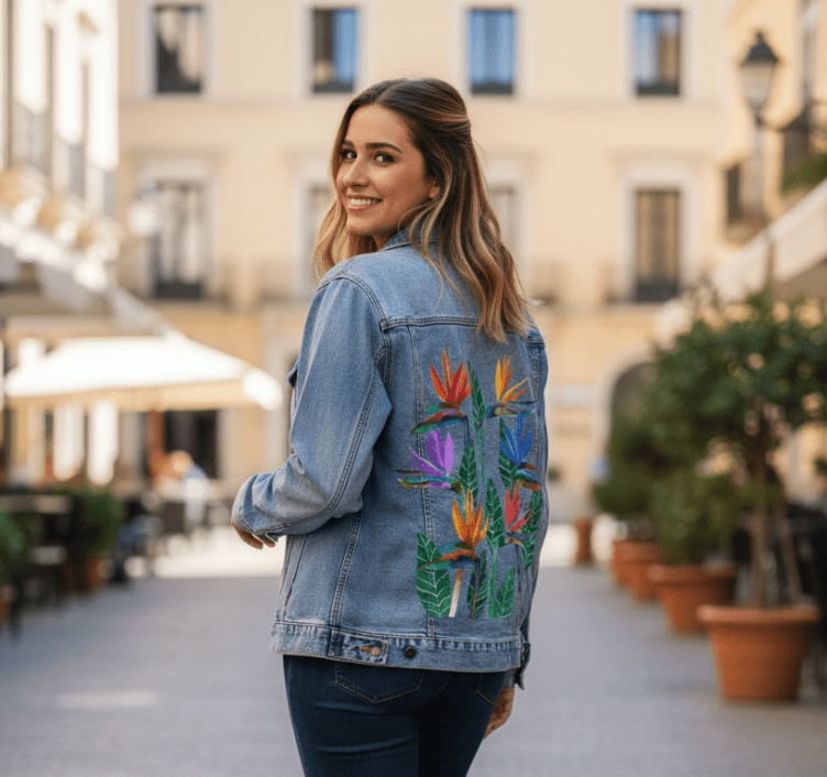 BIRD OF PARADISE1 by HEND SHEHATA, printed on denim jackets and other denim products: tote bags, throw pillows, table place mats, aprons