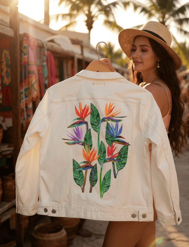 BIRD OF PARADISE1 by HEND SHEHATA, printed on denim jackets and other denim products: tote bags, throw pillows, table place mats, aprons