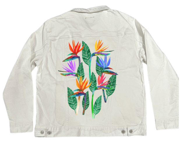 BIRD OF PARADISE1 by HEND SHEHATA, printed on denim jackets and other denim products: tote bags, throw pillows, table place mats, aprons