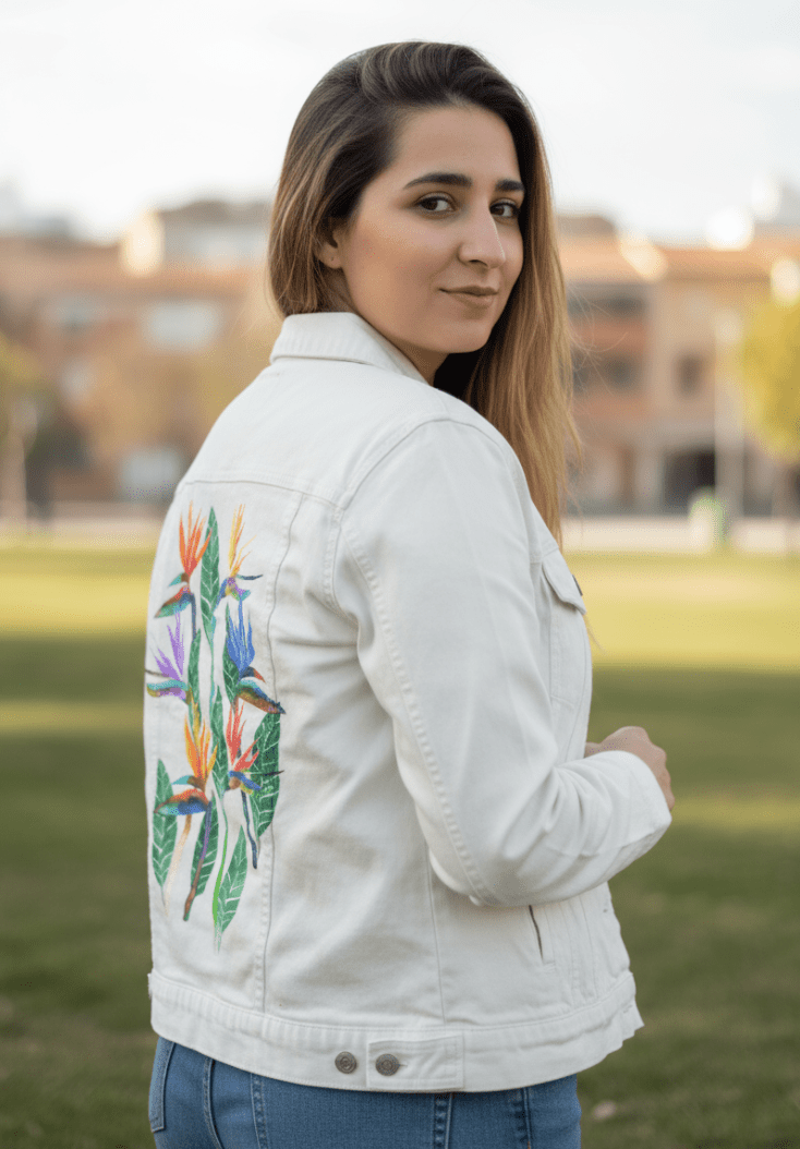 BIRD OF PARADISE1 by HEND SHEHATA, printed on denim jackets and other denim products: tote bags, throw pillows, table place mats, aprons