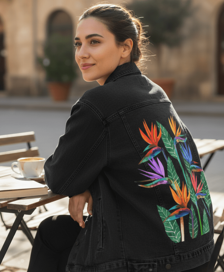 BIRD OF PARADISE1 by HEND SHEHATA, printed on denim jackets and other denim products: tote bags, throw pillows, table place mats, aprons