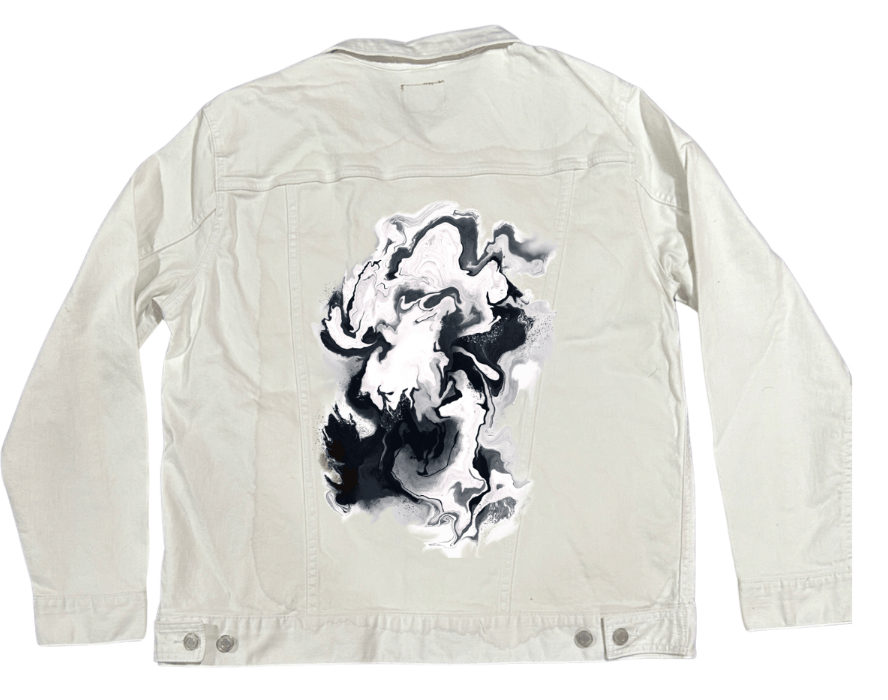 BLACK and WHITE WAVES by RaMir DESIGNS, printed on denim jackets and other denim products: tote bags, throw pillows, table place mats, aprons